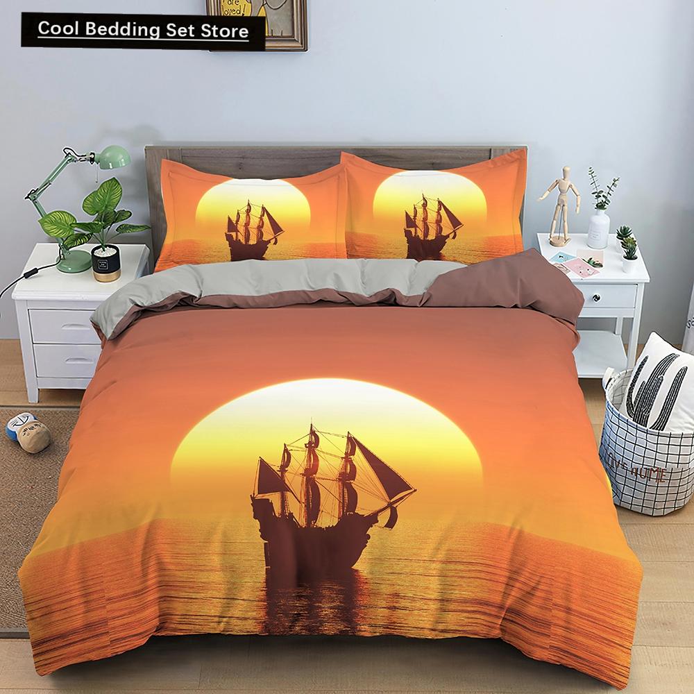 Nautical Sailboat Duvet Cover Queen King Size 3D Oil Painting Boat Style Bedding Set Ocean Soft 2/3pcs Polyester Quilt Cover