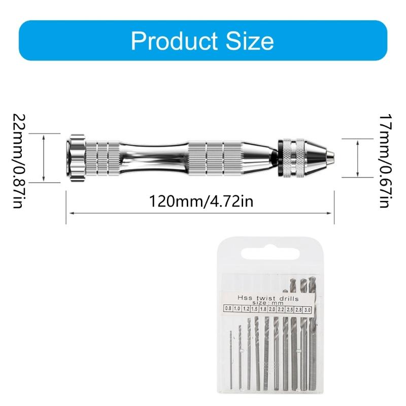 Aluminum Hand Twist Drill Kit Includes 10Pcs Carbon Steel Bits (0.8-3mm) For Model Making And DIY Projects