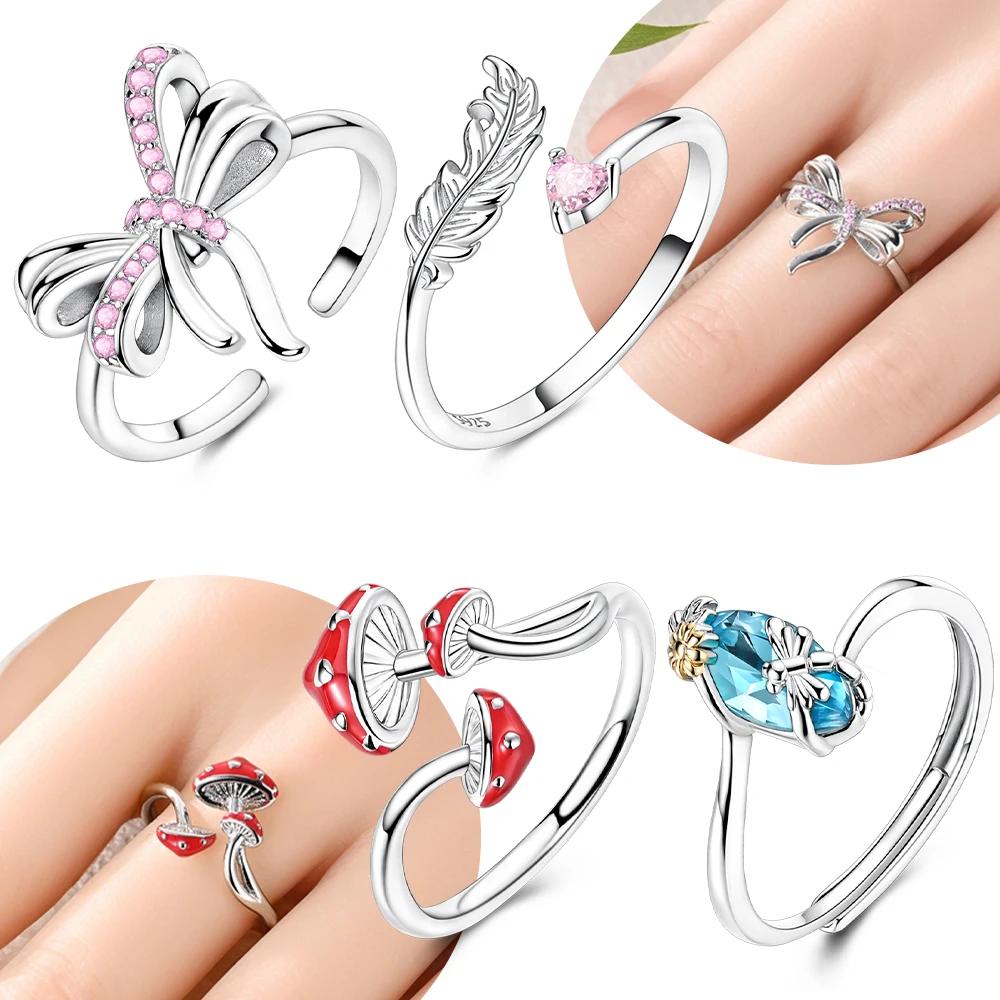 Orginal copper Pink Bow Heart Open Ring Blue Zircon Mushroom Woman Free Size Ring Jewellery Delicate Gift Set for Girlfriend