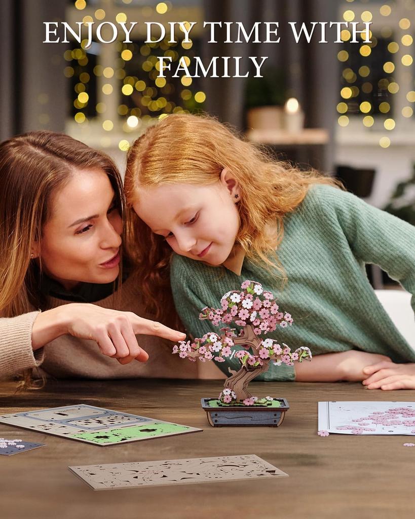 Robotime Rolife DIY Wooden Sakura Bonsai DIY Wooden 3D Puzzle Crafts Wooden Flower Gift for Mom Wife Friends