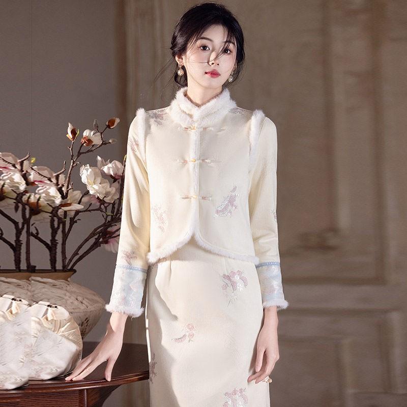 Womens Winter Long Sleeve Qipao Vest Set Retro Style Thickened Warm Outfit Daily Wear