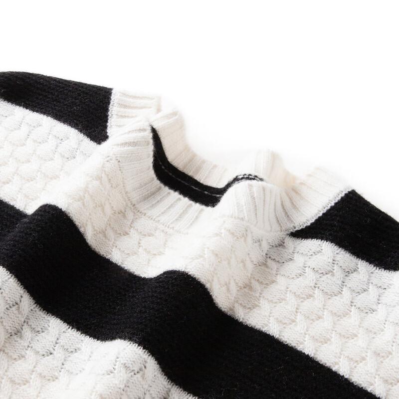 TUHUANG Women's Thickened Pure Wool Striped Color Block Round Neck Sweater