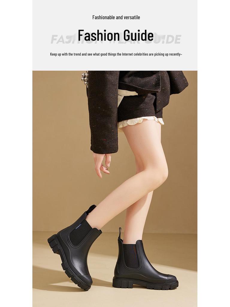 Women's Waterproof Non-Slip Rain Boots with Thick Soles and Mid-Low Shaft – Elastic Opening for Added Comfort.