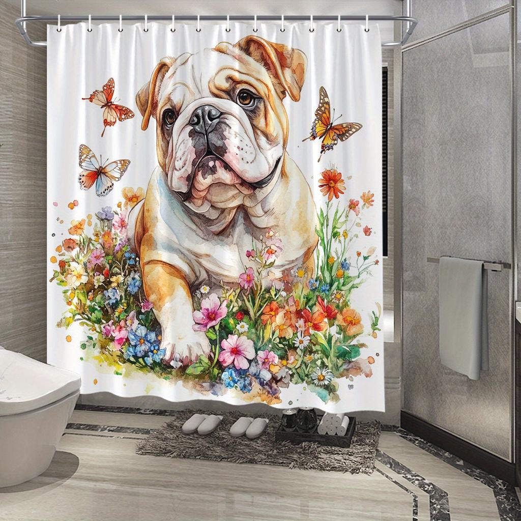 Englische Bulldogge & Schmetterlinge Duschvorhang - Aquarell-Design, Wasserabweisendes Polyester, 12 Haken, Landschaftsthema