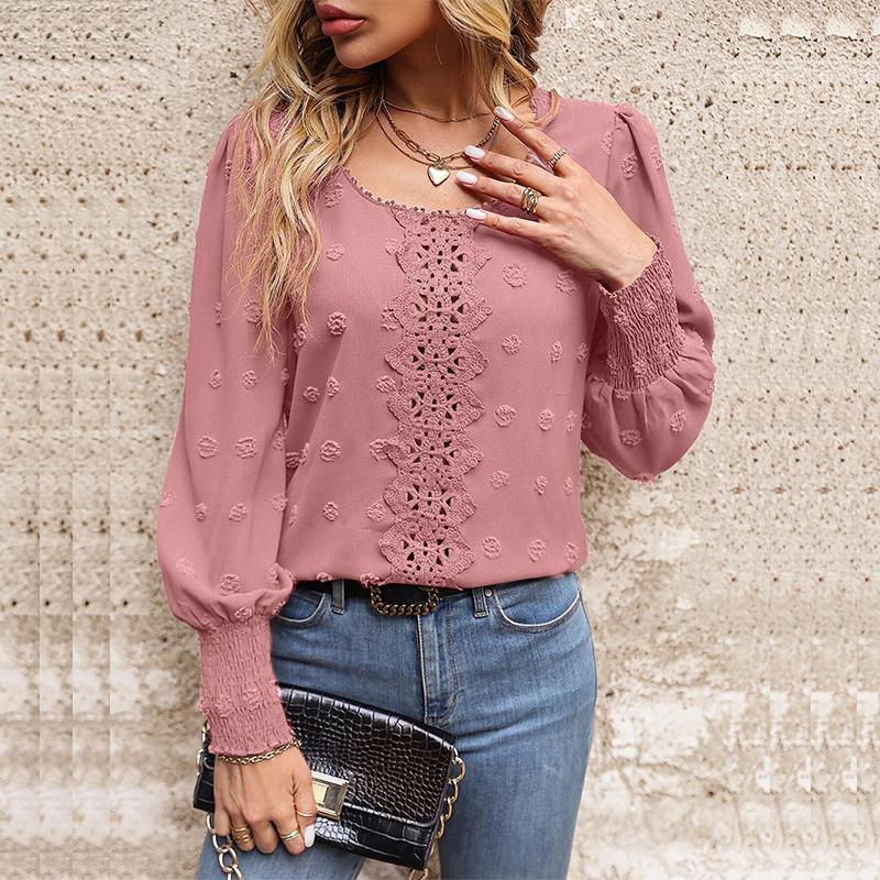 Damska koszulka z okrągłym dekoltem i bufiastymi rękawami, koronkowa, modna koszula o temperamencie