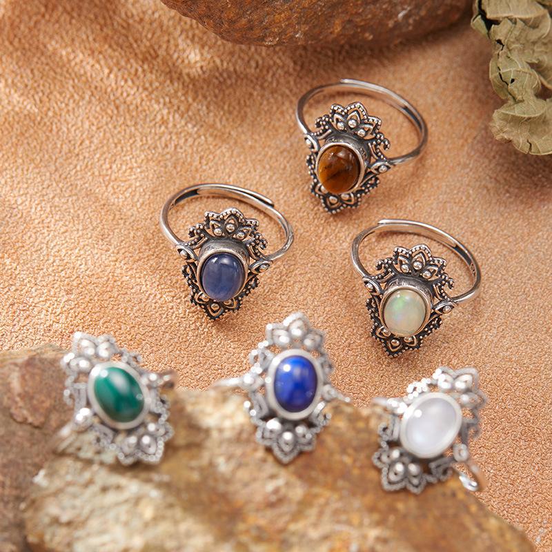 Personalized Retro Thai Silver Natural Colored Treasure Ring Female S925 Sterling Silver Court Pattern Advanced Sense Index Finger Ring