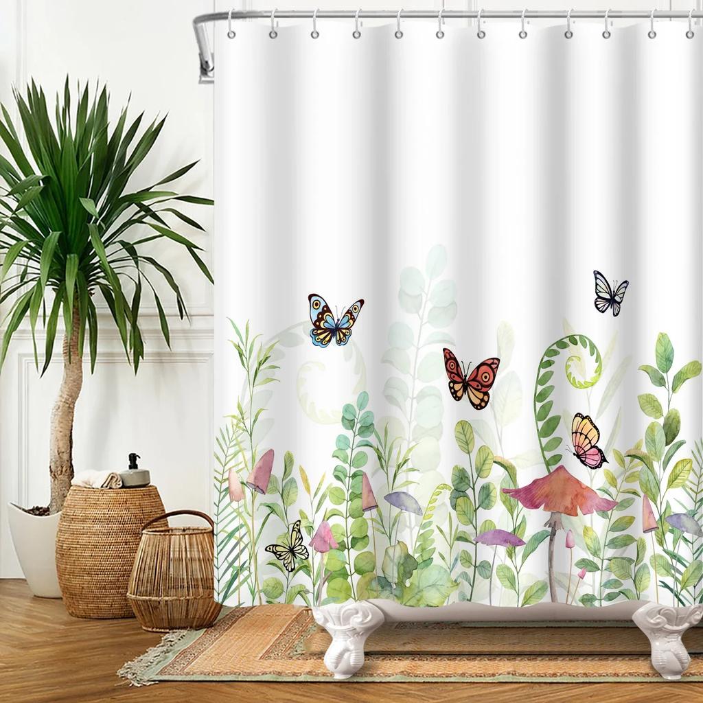 Green Eucalyptus Leaves Plant Shower Curtain Watercolor Leaf Floral Flower Boho Waterproof Bathtub Bathroom Shower Curtain Decor
