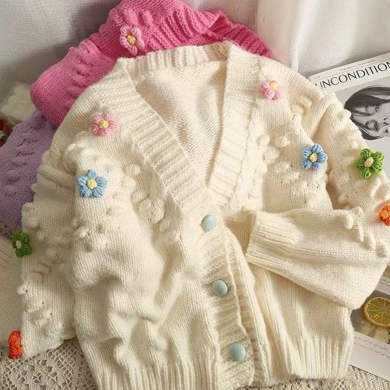 

Кардиган, женский повседневный осенний свитер с длинными рукавами, свободный свитер с объемным цветком и v-образным вырезом, женские топы One Size бежевый