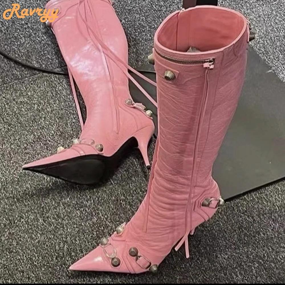 Fashion Women New Rivet Fringe Boots Metal Zipper Motorcycle Boots Belt Buckle Pointed Toe Knee High Shoes Aged-silver Studs Boots
