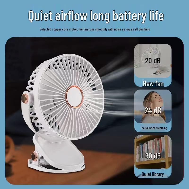 Portable Rechargeable Silent Night Light Mini Clip-on Fan for Desk, Dorm, Stroller, or Bed