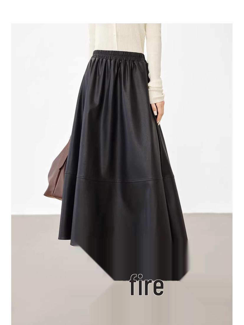 

High-Quality PU Leather Midi Skirt - 2025 Autumn/Winter A-Line Slimming Drape for Women XXXL