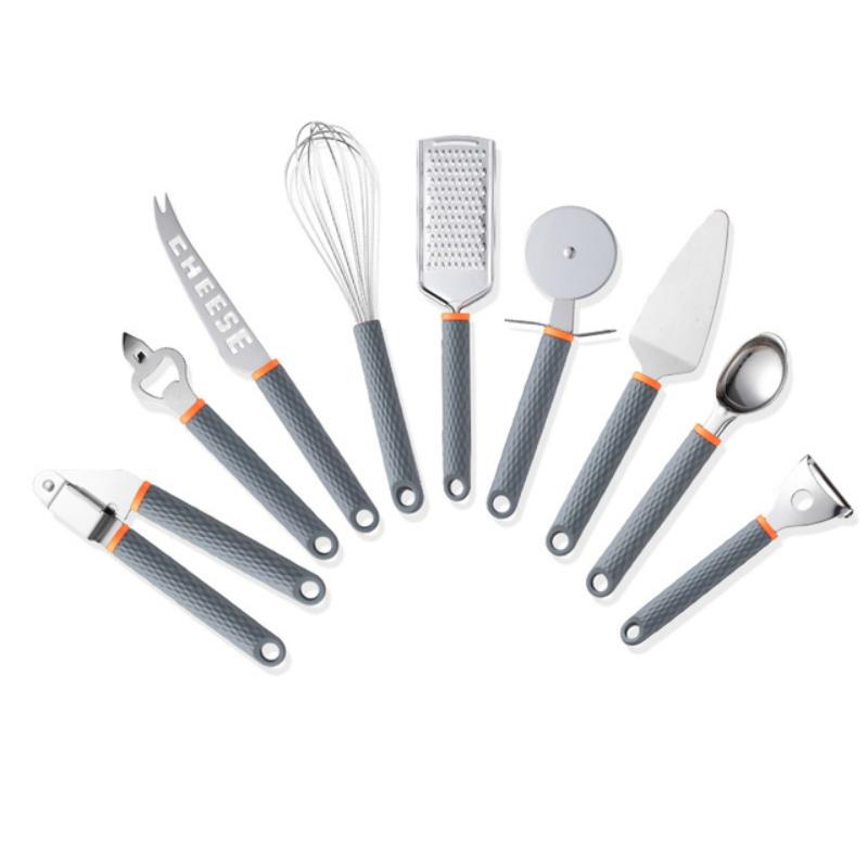 

Кухонний набір гаджетів Посуд з нержавіючої сталі з силіконовою ручкою Відкривачка для посуду Овочечистка Ніж для піци Збивачка Набір для випічки 9pcs one set