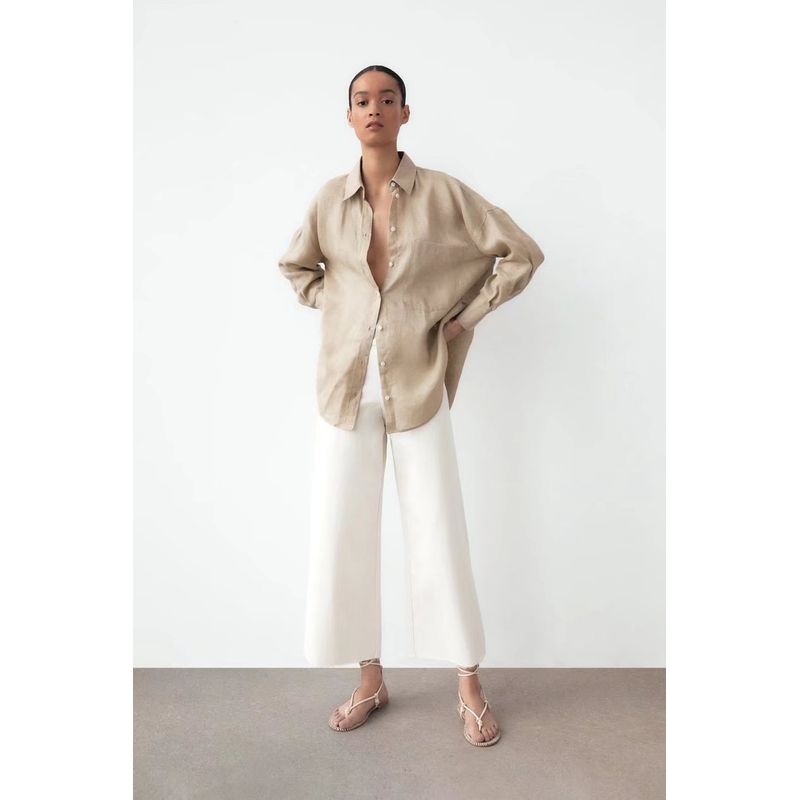 Sun Protection Loose Long Sleeves Pocket Linen White Shirt