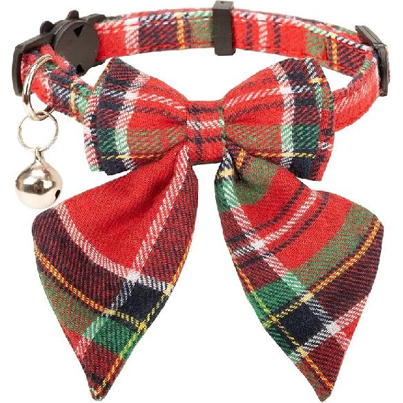 Christmas Cat Collar with Bow Tie Flower Sailor Bowtie Breakaway Safety Detachable Plaid Kitten Cats Pet Cute B Sailor Bow-Red