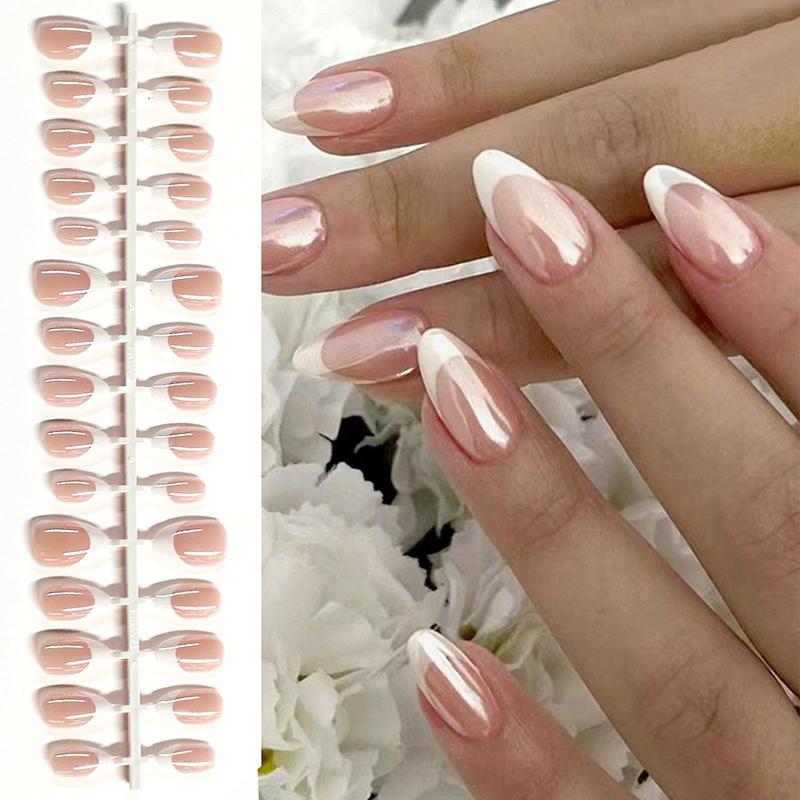 French Pearlescent Full Cover Press On Nails 30pcs Set False Nail Tips Comfortable Wear for School Dances and Events