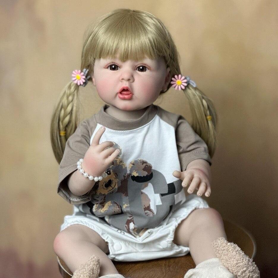Realistischer Vollsilikonkörper, 55 cm, 22 Zoll, wiedergeborenes Baby, Mädchenpuppe mit blonden langen Haaren, Prinzessin, Kleinkind, Bebe, Weihnachtsgeschenk