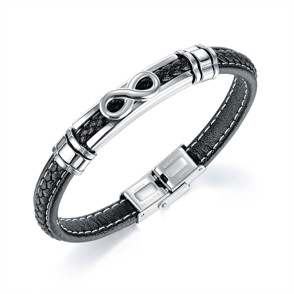 Men’s Infinity Leather Bracelet – OPK Punk Style Braided Wristband Stainless Steel