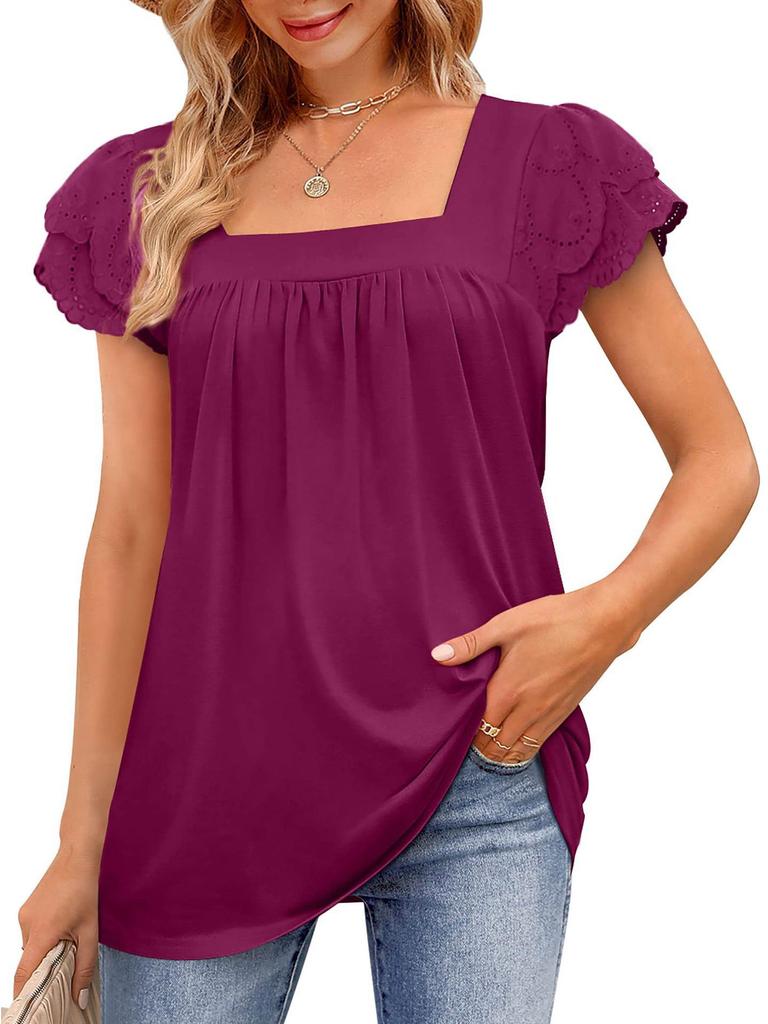 2023 Summer Women's Solid Color Loose U-Neck Lace Short Sleeve Top