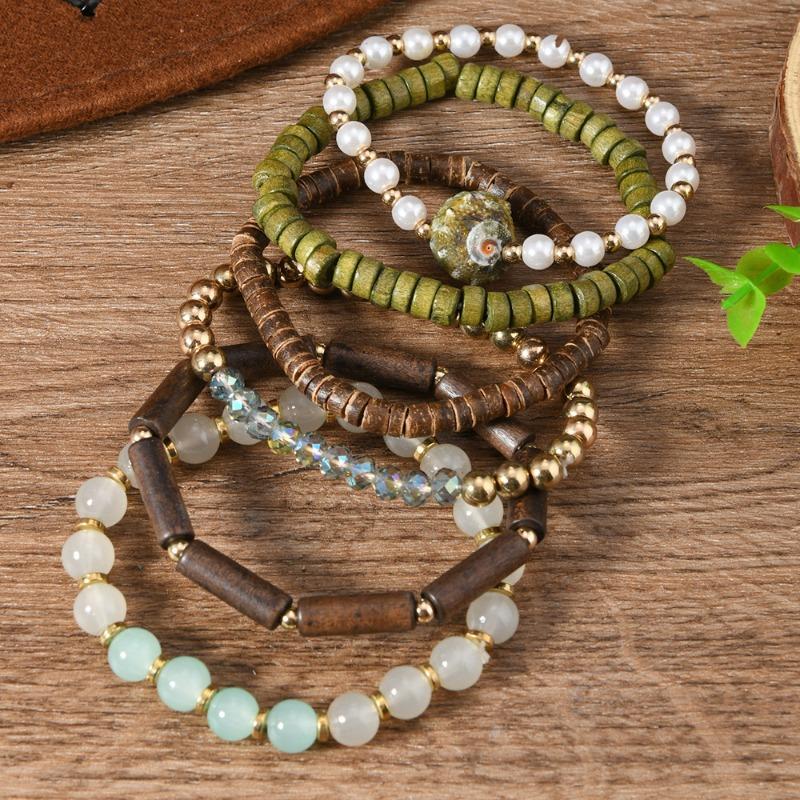 New Coconut Shell Wood Beads Beaded Soft Pottery Pearl Stone Leather Men's and Women's Bracelets Bracelets 6-piece Set