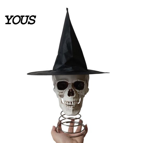 Black Pointed Hat Skull Halloween Witch Tree Topper, Gothic Skeleton Figurine for Dark Aesthetic Topper Party Decor, Spooky Festive Home Ornament,