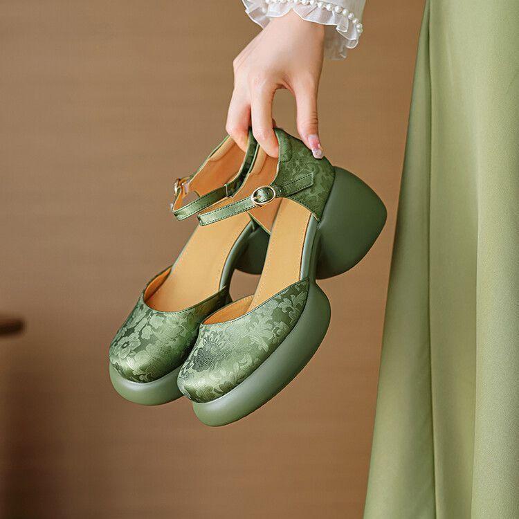 Thick-soled Bag Head Sandals Women's Leather Muffin One-word Buckle Shoes New Summer High-heeled Hollow Mary Jane Shoes