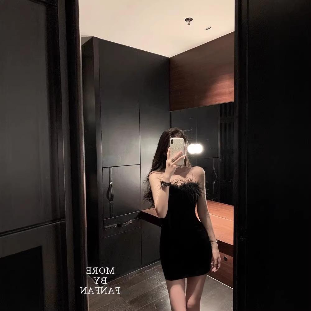 Design dress summer autumn black tube top shoulder evening dress birthday party small gift dress high sense