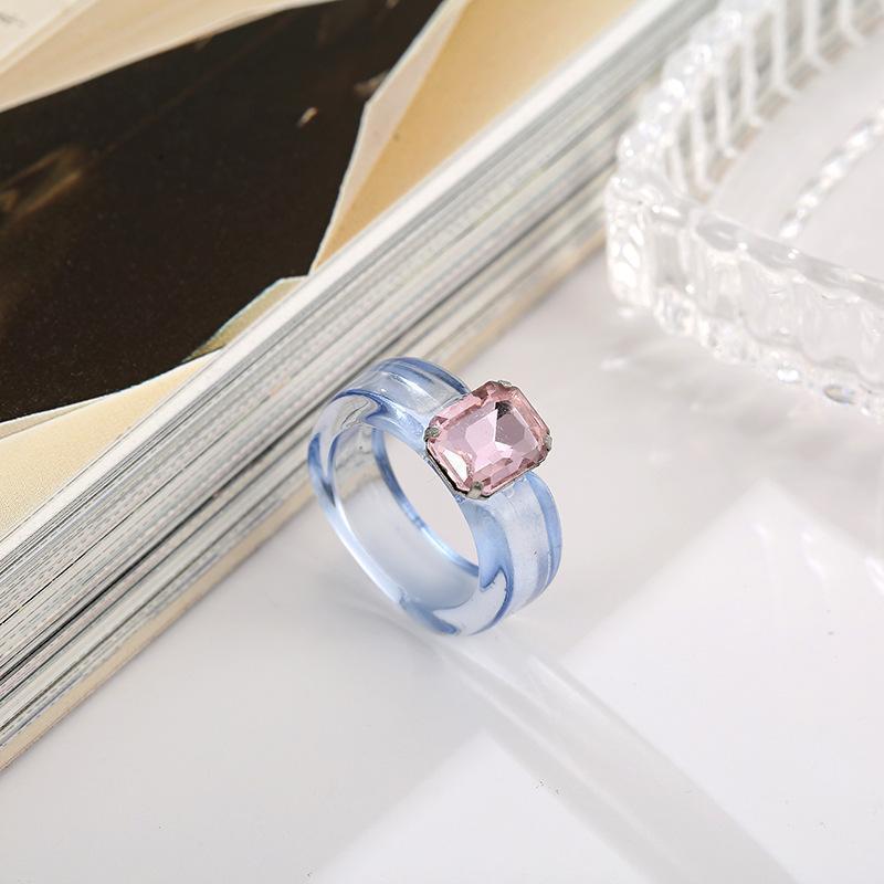 Chunky Resin Rings Candy Colored Transparent Square Rhinestone Inlay Comfortable Fit Fashion Jewelry for Girlfriend Gift