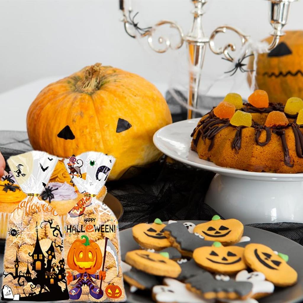 Halloween Zellophan Leckerli-Tüten, Plastik Goodie Süßigkeiten Tüte Goodys Snack Süßigkeiten Tüten mit Drehverschlüssen für Halloween Party Gastgeschenke Zubehör
