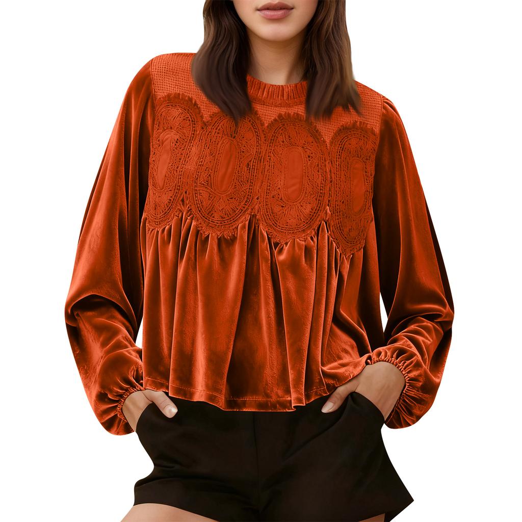 Loose-fitting, Slimming Mid-length Long-sleeved Solid Color Top With Mesh And Velvet Splicing