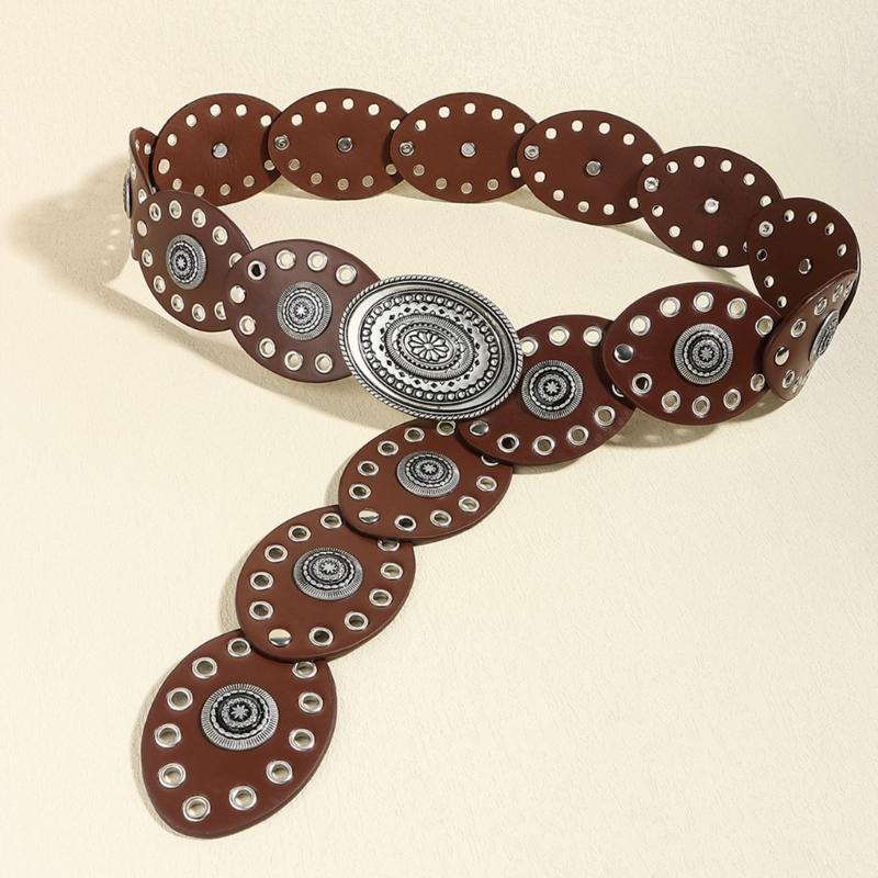Oval Eyelets Belt for Women Bohemian Style Waist Belt Hollowed Out Wide Belt for Teens Girls Female Western Cowboy Belt