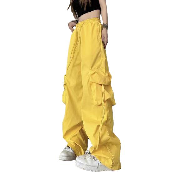 

Women Pants Elastic Waist Adjustable Drawstring Wide Leg Casual Trousers Multi Pockets Design Cargo Pants XXXL жовтий