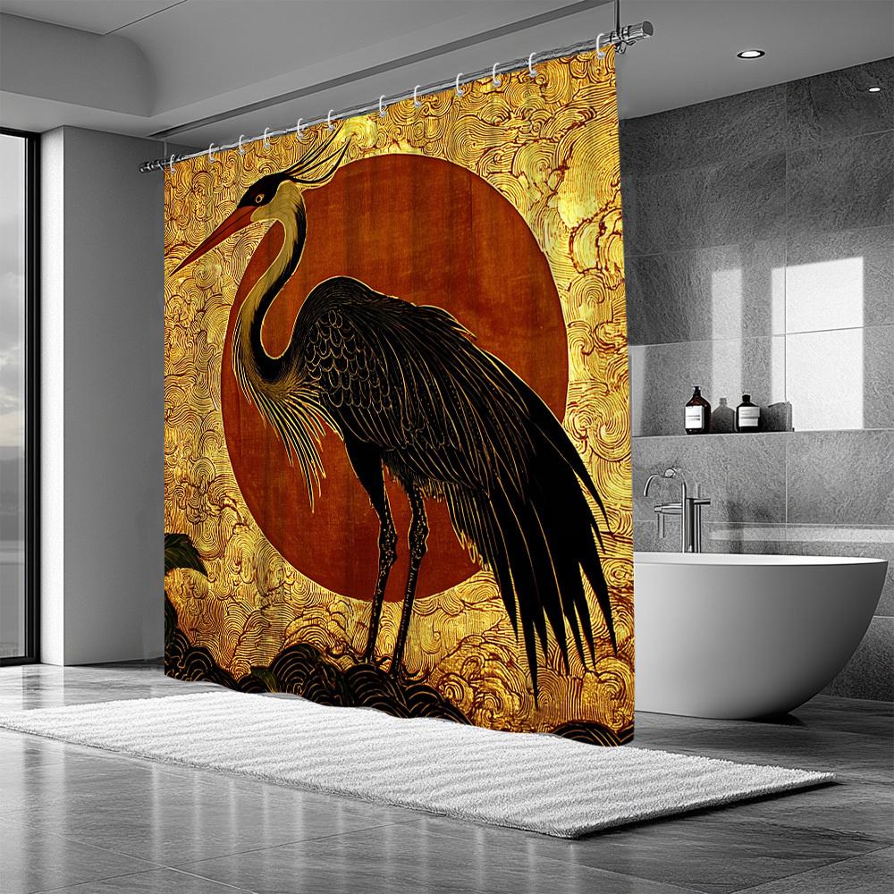 1Pc Natural Scenery Shower Curtain, Crane Bird Pattern, Sunlight Lining Background Theme, Bathroom Decorative Polyester Fabric