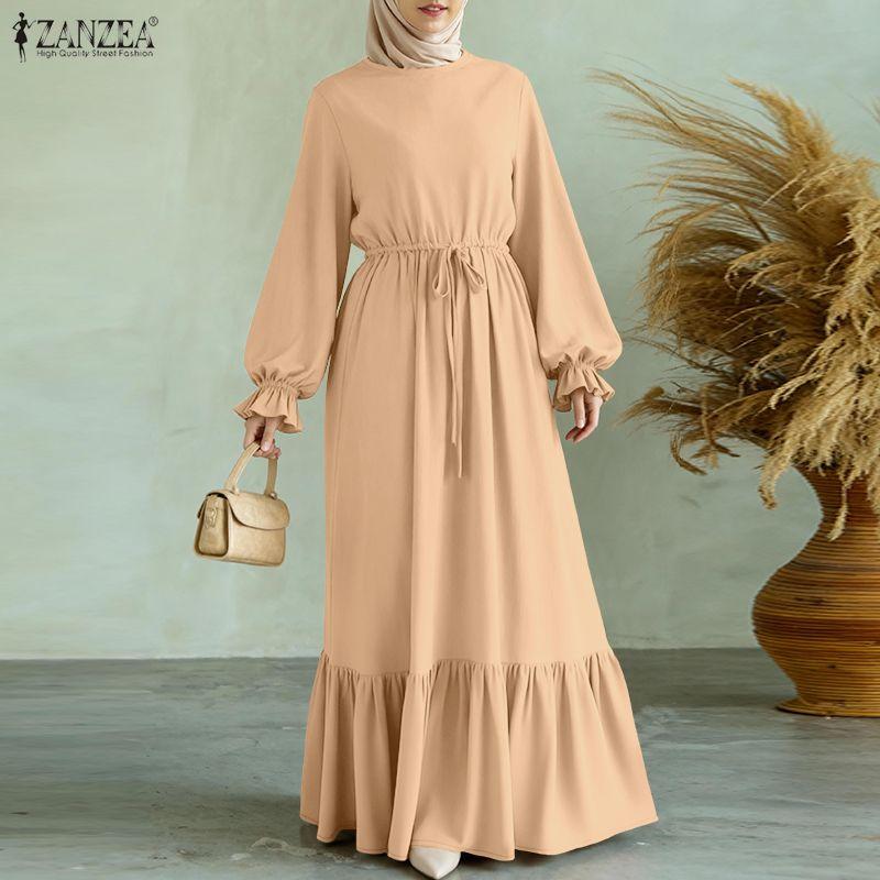 ZANZEA Women Casual Round Neck Loose Long Sleeve Muslim Long Dress