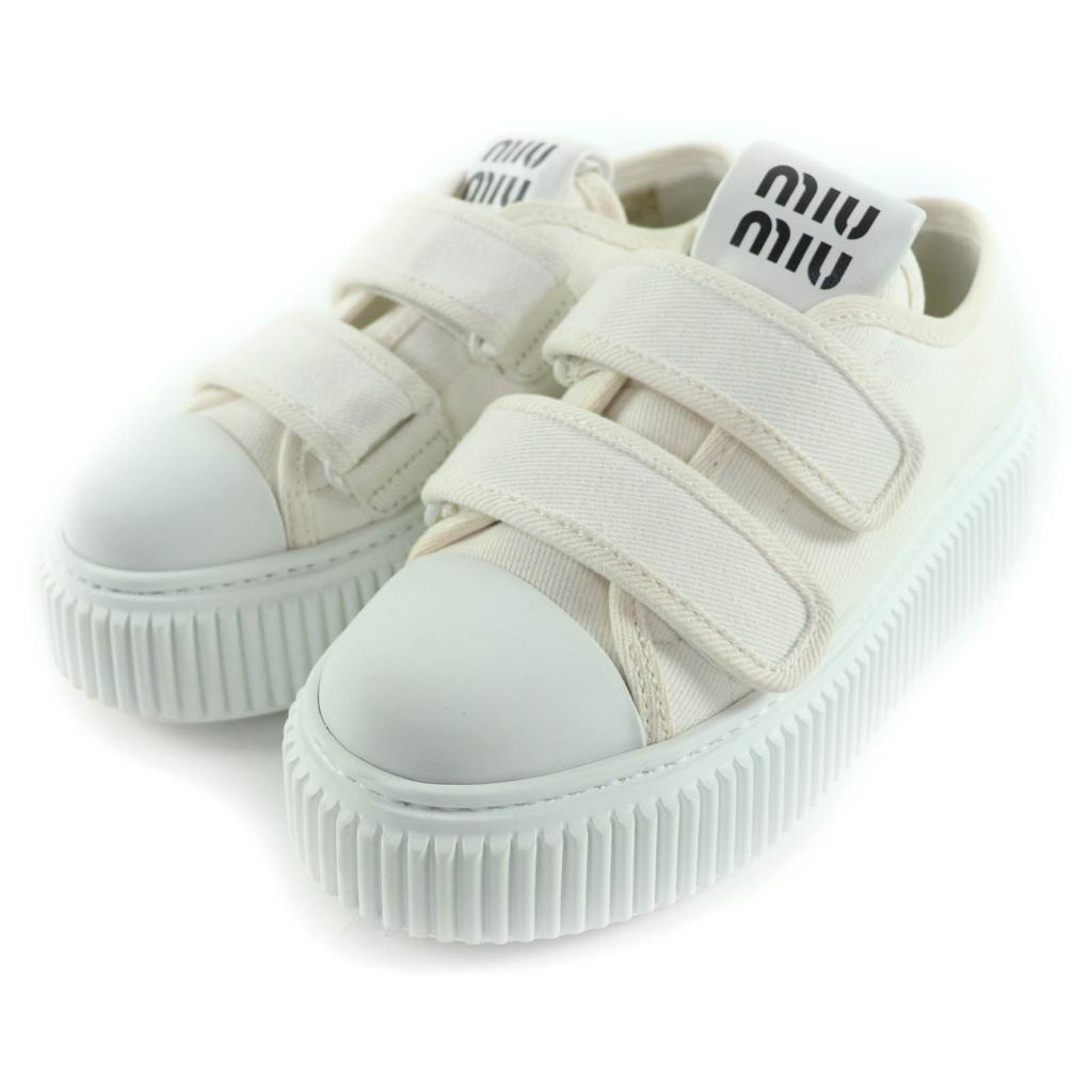 Sehr gut MIUMIU Sneaker Logo Klettverschluss Canvas Elfenbeinfarbenes Canvas Damen 36 5E890D Gebraucht