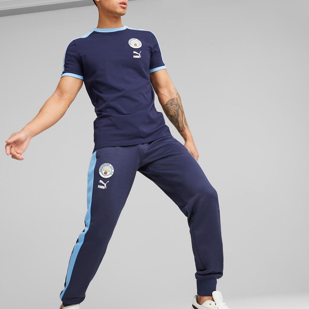 Puma Manchester City Ftblheritage T7 Track Pants Striped Print Drawstring Loose Cuff Knit Sports Pants Men Bottoms Blue 769497-02