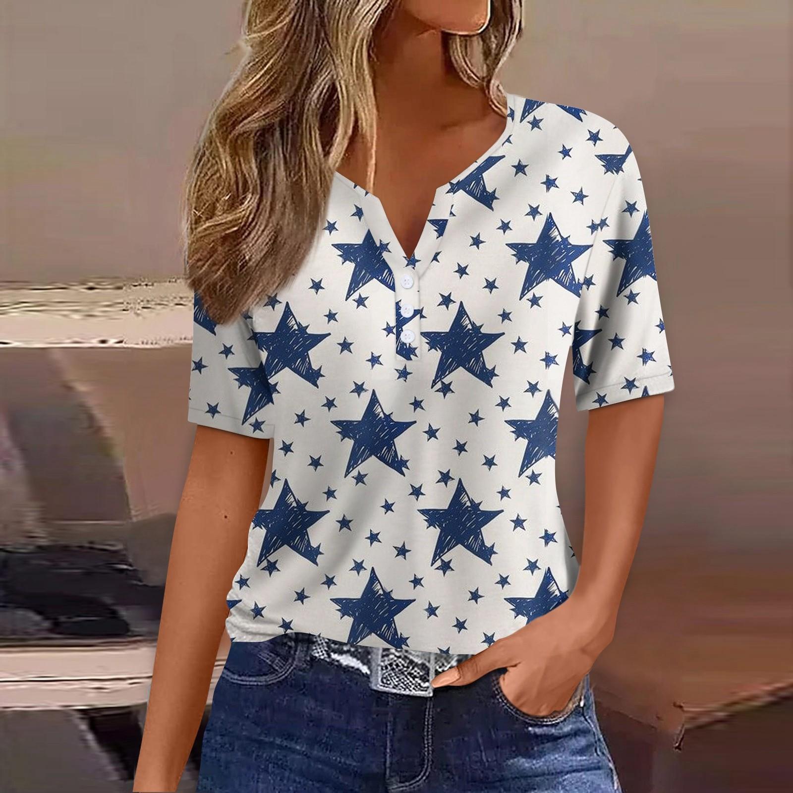 

Жен. Футболка Футболка С принтом Пуговицы С короткими рукавами Повседневные Выходные Мода Классический V-образный вырез Обычный Верх XXXL