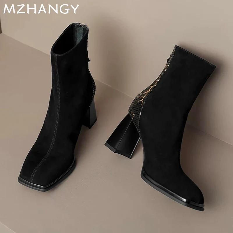 Women Suede Square Toe Ankle Boots Elegant High Heels Shoes Woman 2025 Trend Winter Dress New Pumps Motorcycle Boots Mujer Botas