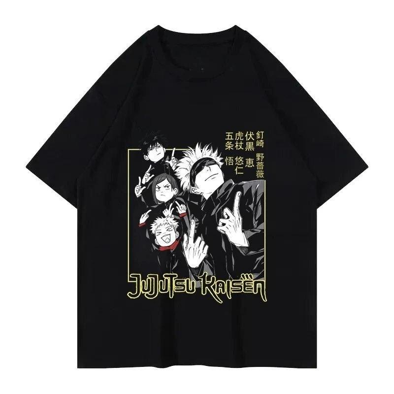 Vintage Black Jujutsu Kaisen T-Shirt with Bold White Line Art Group Illustration of Main Characters Including Gojo Satoru, Itadori Yuji