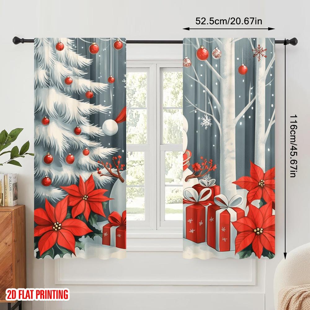 2pcs,2D Plane Printing Popular Curtains Cute Snowman Christmas Poinsettia Gift (2) Versatile Durable Polyester (without Rod)