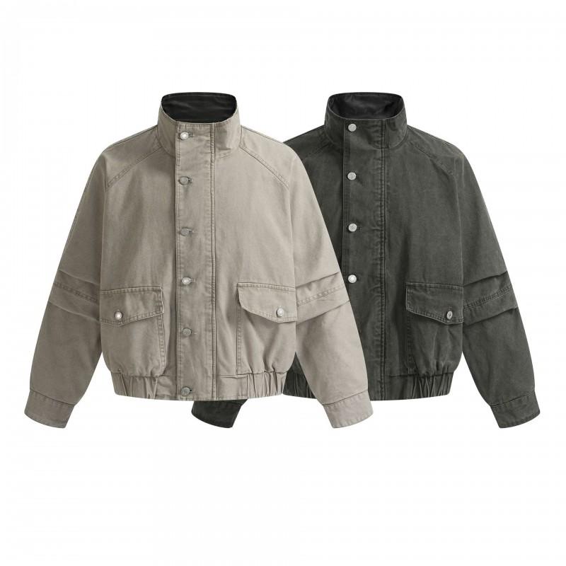 Mens Vintage Utility Jacket With Large Pockets Loose Fit Stand Collar Cotton Blend Fall Outerwear