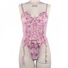 Womens Sheer Lace Floral Bodysuit Set With Adjustable Straps Thong Slim Fit Curvy Figures Pink S M L