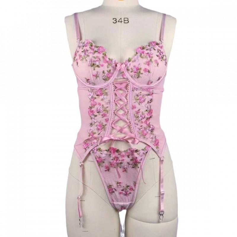 Womens Sheer Lace Floral Bodysuit Set With Adjustable Straps Thong Slim Fit Curvy Figures Pink S M L