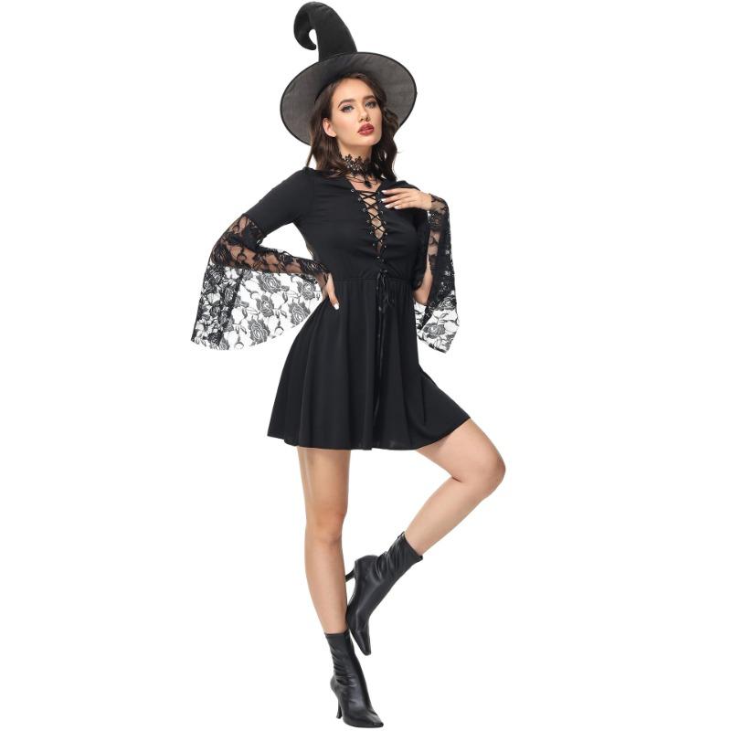 Halloween dark goth witch costume cosplay hollowed out lace wizard wizard costume