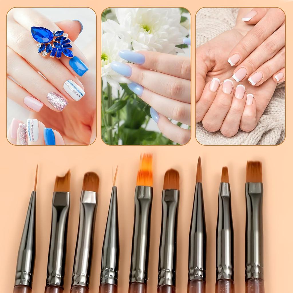 9pcs Nail Art Brush Professional Nail Design Brushes for Gel Polish Clean Up Brushes Nails Art Liner Brush Striping for Short Strokes, Details,