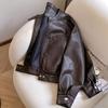 2025 Retro Hong Kong Style Women's PU Leather Motorcycle Jacket - Spring/Autumn, Short Petite Loose Fit, Stand Collar