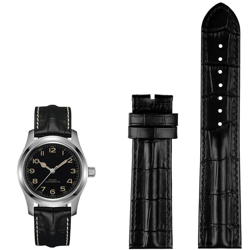 For Hamilton Genuine Leather WatchBand Khaki H7060573 Cowhide Bracelet Crocodile Skin Texture Strap 20mm 22mm Men's Black Brown