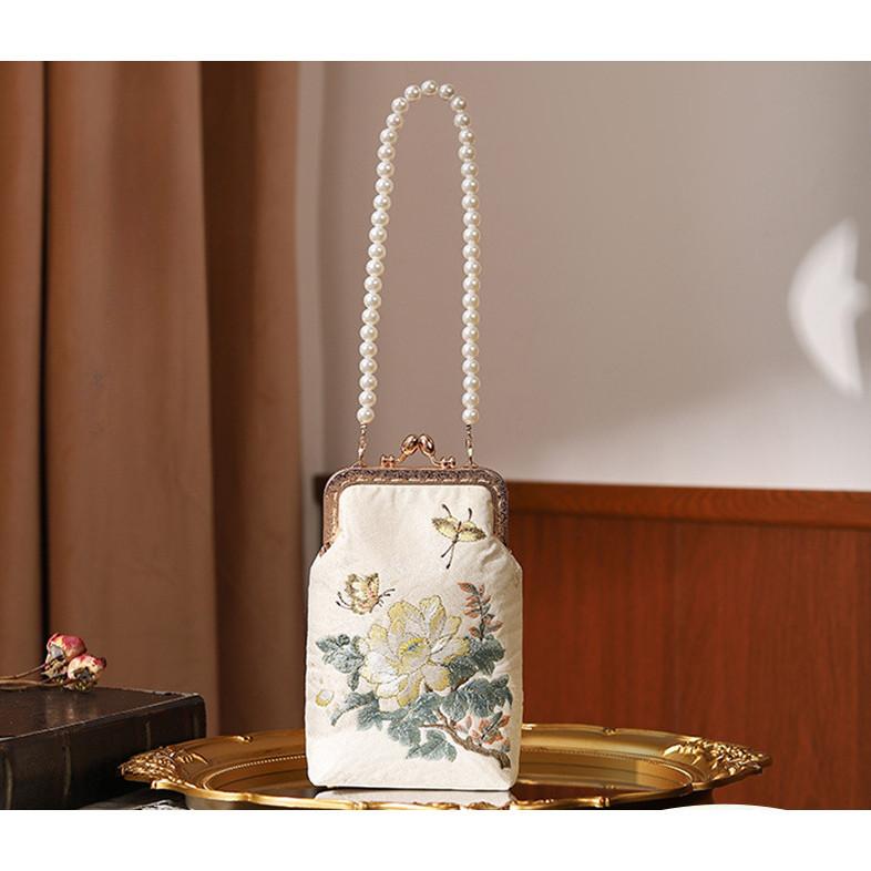 Cheongsam Banquet Bag Antique Style Embroidery Flower Clutch Vintage Elegant Mother'S Handbag With Fake Foot Chain For Women
