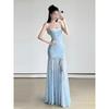 Blue women's summer vacation unique beautiful lace mesh camisole dress mermaid hip length skirt