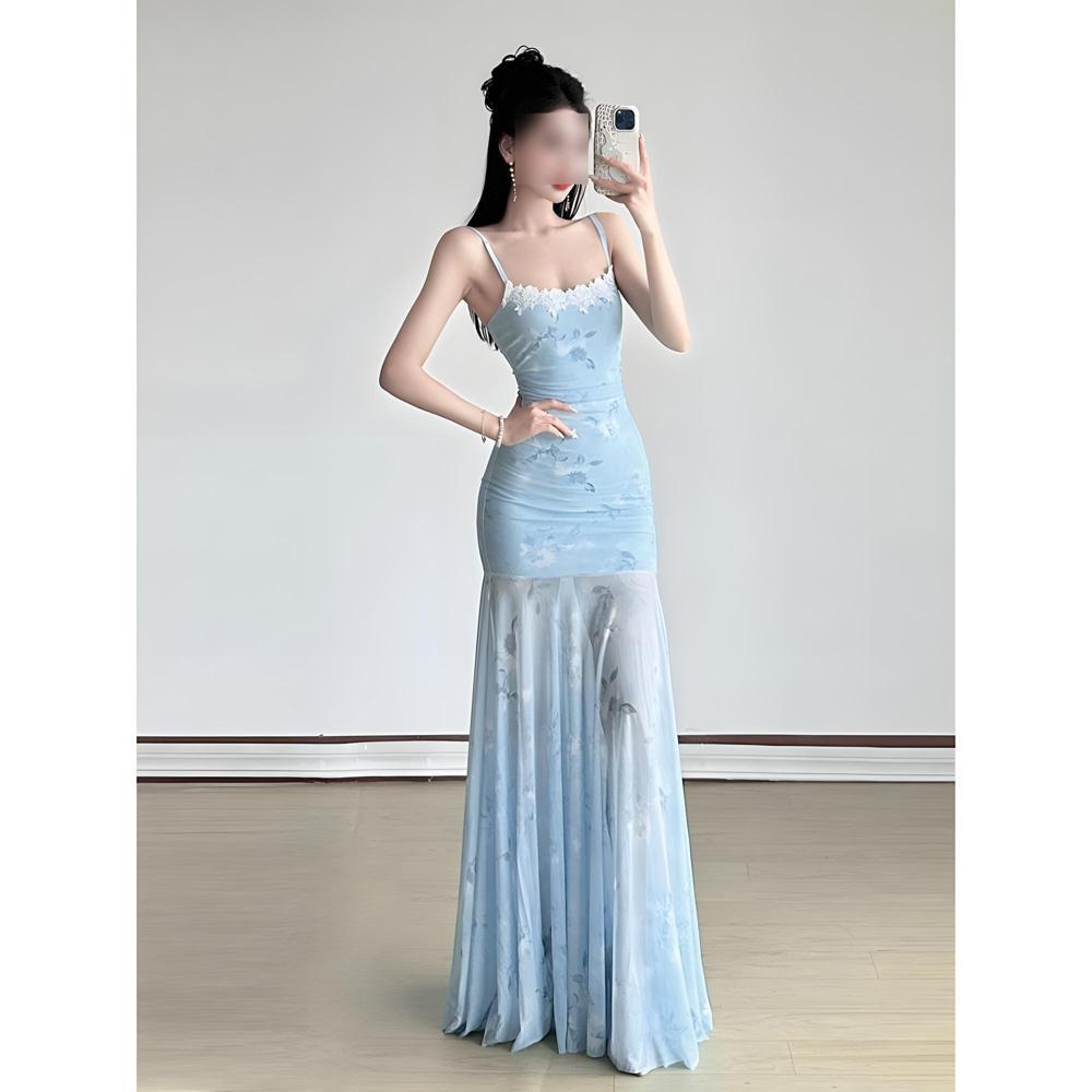 Blue women's summer vacation unique beautiful lace mesh camisole dress mermaid hip length skirt