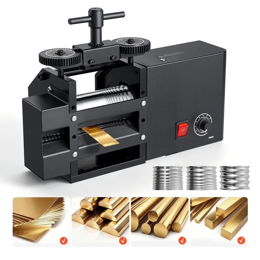 VEVOR Rolling Mill 4-in-1 Flat Square Round Half-Round Electric Roller Mill, Jewelry DIY Tool, 0.03-7 mm Adjustable Thickness